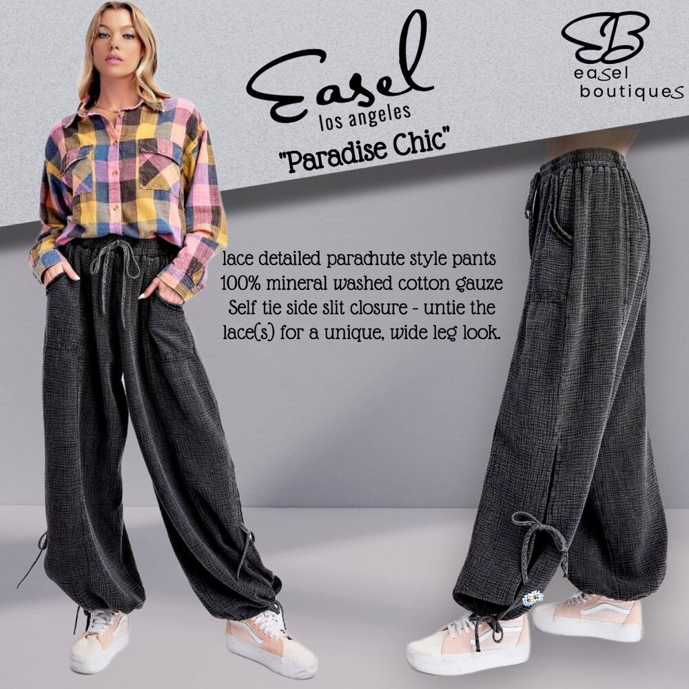 EASEL Mineral Washed Wide Leg Pants/Joggers, Side Slits W/Ties Lace Trim Pockets